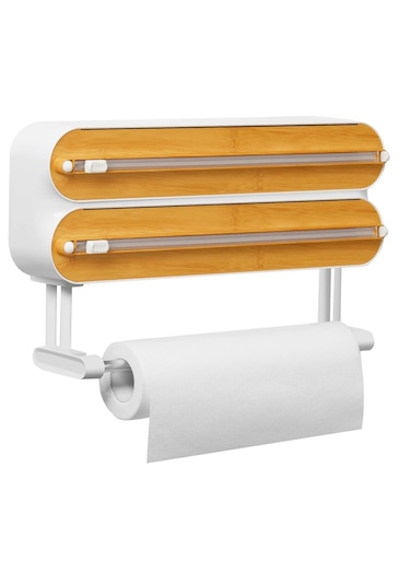 Magnetic Plastic Wrap Dispenser with Cutter - Refillable Tin Foil and Plastic Wrap Organizer for Kitchen, Aluminum Foil Dispenser with Paper Towel Holder Wall Mount - Fits 12" Roll