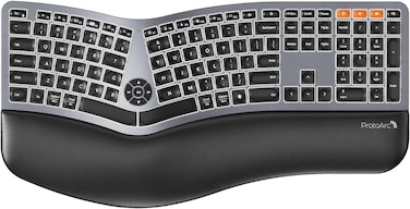 Backlit Bluetooth Ergonomic Keyboard, ProtoArc EK01 Plus Full Size Wireless Split Keyboard with Dual Bluetooth and USB, Cushioned Wrist Rest, Rechargeable for Windows/Mac/Android, Black Gray