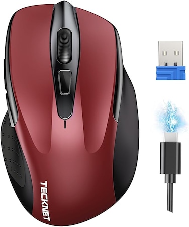 TECKNET Wireless Mouse (BT5.0/3.0 &amp; 2.4G) Rechargeable 4800 DPI Silent USB A &amp; Bluetooth Mouse 6 Buttons, Wide Compatibility - Red