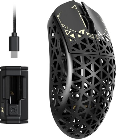 ماوس العاب لاسلكي من اتاك شارك R5 الترا من الياف الكربون، ماوس فائق الخفة 39 غرام، سلك 2.4G/BT/USB-C، مستشعر بيكس ارت PAW3950MAX معدل استطلاع لاسلكي 8000Hz، 42K DPI لويندوز وماك - اسود