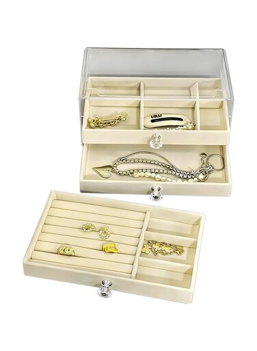 Jewelry Organizer for Women Girls, 3 Layer Travel Jewelry Box with Removable Tray for Necklaces, Earrings, Rings, Bracelets (Begie)