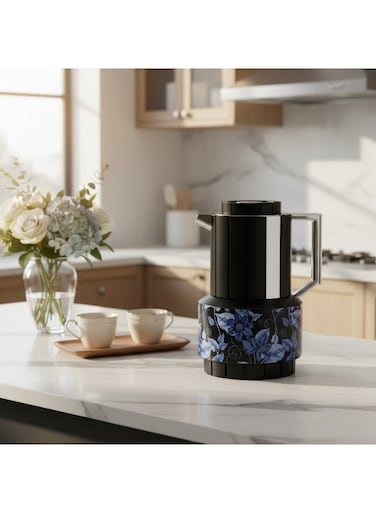 1L Vacuum Flask &acirc;&euro;&ldquo; Black   Silver &amp; Blue Floral