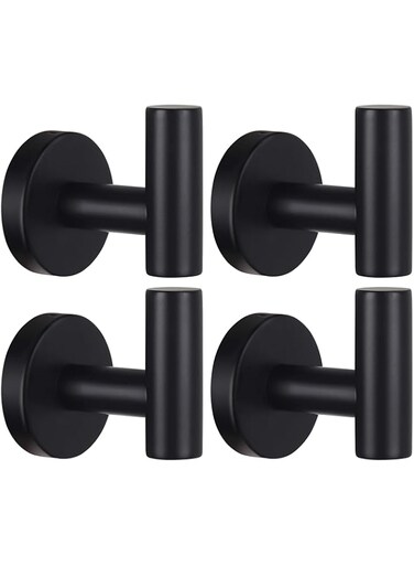 4PCS Towel Hooks Bathroom Coat Hook Robe Hook Stainless Steel Heavy Duty Door Hanger Towel Robe Clothes Cabinet Closet Sponges Wall Hook for Bathroom Bedroom Kitchen Hotel Pool (Matte Black)