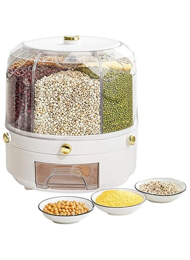 Besmall Grain Dispenser 360&deg; Rotating 6-Grid,13 lbs Large Cereal Dispenser, Dry Food Storage Container,Countertop Rice Bucket,Cereal Dispenser for Pantry