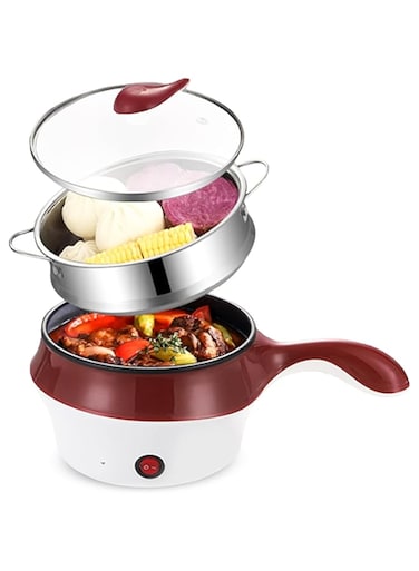 1.8L Electric Cooker with Steamer Pot, Non-Stick Bottom &amp; Dual Layer &ndash; Fast Heating Mini Cooker for Noodles, Soup, Dumplings, and More &ndash; Easy to Use, Portable Hot Pot for Home and Travel