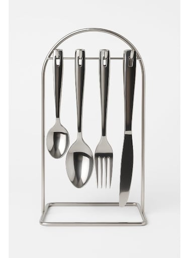 East Stainless Steel 24 Piece Cutlery Set with Steel Stand for 6 People, Flatware Silverware Set with Knife, Fork, Table Spoon &amp; Dessert Spoon, Elegant Tableware for Daily Use, Mirror Finished. Dishwasher Safe