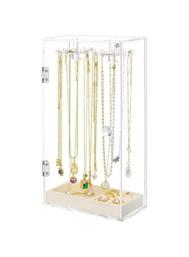 TERRIFI Dustproof Acrylic Necklace Holder Organizer Stand with 24 Hooks and Removable Velvet Tray, Clear Jewelry Storage Display Box for Necklaces, Pendants, Bracelets, Earrings, and Rings