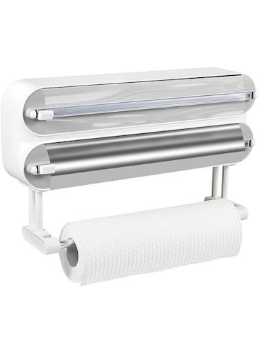 Foil Plastic Wrap Dispenser with Slide Cutter, Reusable Aluminum Tin Foil and Cling Film Organizer with Magnetic Bottom, Adjustable Refillable Drawers Dispenser Storage Holder (3 in 1 Organizer)