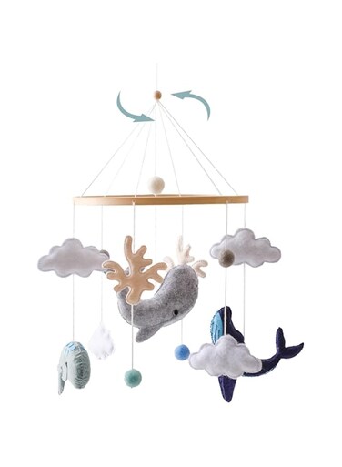 Montessori Baby Mobile for Crib Ocean Animals Crib Mobile Woodland Nursery Decor Soothe Toys for Ceiling Hanging Felt Ball Sea Blue Whale, White Clouds Baby Shower for Boys Girls Gifts (Whales)