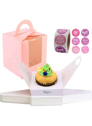 IS MUHE 50Pack Single Cupcake Boxes,Portable Individual Cupcake Gift Boxes Containers Holders Boxes with Window and Inserts for Bakery Wrapping Party Favor Packing (Pink)