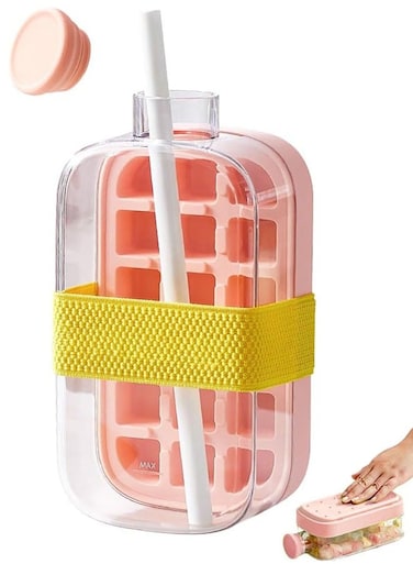 Cube Bottle, 2 in 1 Ice Cube Tray Water Bottle with Lid and Bin, Ice Cube Making Bottle, Easy Press to Release Silicone Ice Cube Tray for Juice Beverages Coffee (Pink , 800 ML)
