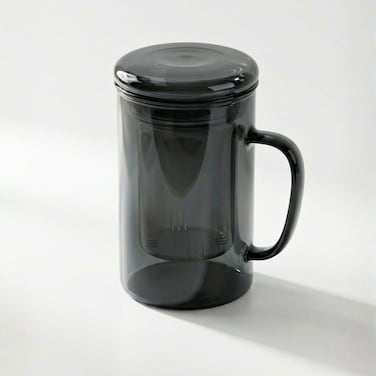 1CHASE Smoky Grey Borosilicate Glass Mug with Handle and Infuser, 450ml, Heat-Resistant Tea and Coffee Mug with Lid, 1Pc