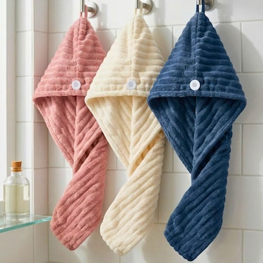 1CHASE Microfiber Hair Wrap 3 PCS Set &ndash; Stripe Hair Turban (Terracotta, Apricot, Navy) Quick Dry Anti-Frizz Towel Wrap, Super Absorbent Lightweight Hair Towel for Women &amp; All Hair Types
