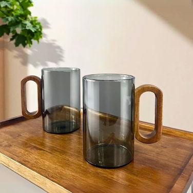 1CHASE Smoky Grey Borosilicate Glass Mugs with Walnut Acacia Wooden Handle &ndash; 350ML (Set of 2)