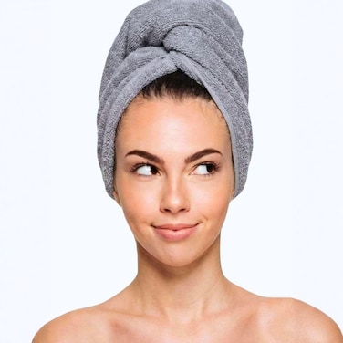 1CHASE 100% Cotton Terry Hair Towel Wrap &ndash; Quick Dry Magic Hair Drying Head Towel for Bath &amp; Shower, Super Soft &amp; Highly Absorbent Hair Wrap for Women &amp; Men (Grey)