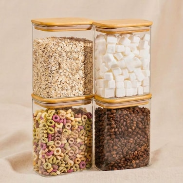 1CHASE Rectangle Glass Storage Containers with Bamboo Lids &ndash; Set of 4, 1100ml Borosilicate Glass Jars for Pantry Storage, Airtight Food Containers for Sugar, Coffee, Pasta, Tea, Candy &amp; Nuts