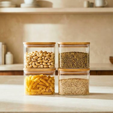 1CHASE Rectangle Glass Storage Containers with Bamboo Lids &ndash; Set of 4, 900ml Borosilicate Glass Jars for Pantry Storage, Airtight Food Containers for Sugar, Coffee, Pasta, Tea, Candy &amp; Nuts