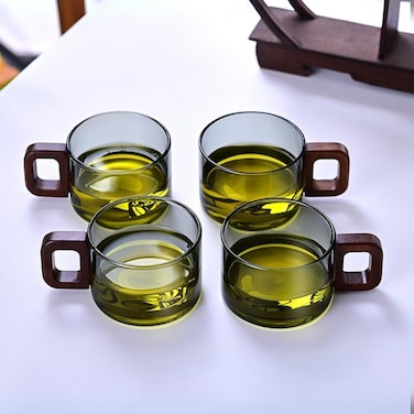 1CHASE Borosilicate Glass Cups &ndash; Smoky Grey (Set of 4)   200ml   Walnut Acacia Wooden Handle   Heat-Resistant &amp; Elegant Glassware for Tea, Coffee &amp; More