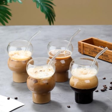 1CHASE Borosilicate Calabash Shaped Asthetic Trending Glass Set &ndash; 4Pcs, 500ML   Heat-Resistant, Lightweight &amp; Stylish Drinkware for Home