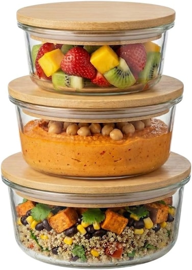 1CHASE Borosilicate Round Glass Food Storage Containers with Bamboo Lids, 3 Sizes 400ML 650ML 1000ML, Airtight BPA-Free Meal Prep &amp; Lunch Boxes, Reusable Plastic-Free Containers