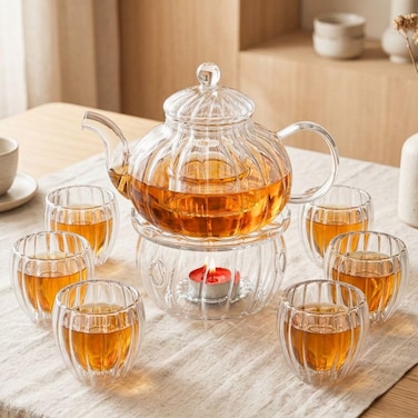 1CHASE Pumpkin Shape Borosilicate Glass Tea Set, 600ml Teapot with Glass Tea Warmer &amp; 6 Double Wall Cups (80ml), Heat Resistant Tea Maker Set for Loose Leaf &amp; Herbal Tea