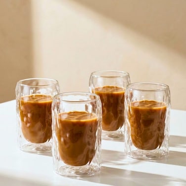 1CHASE Double Wall Borosilicate Glacier Glass Cups 400ML Set of 4, Insulated Clear Coffee &amp; Tea Glasses for Hot and Cold Drinks, Latte, Cappuccino, Milk, Juice Drinkware