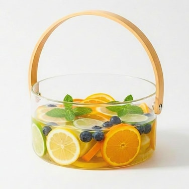 1CHASE Multipurpose Borosilicate Glass Bowl with Wooden Handle, 2500ML Heat Resistant Fruit &amp; Vegetable Basket, Kitchen Storage Bowl, Dining Table Decor &amp; Ice Bucket