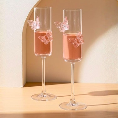 1CHASE Butterfly Champagne Glass Set of 2, Flute Shape, Pink Butterfly Design, 180ML, for Red Wine, White Wine, Champagne, Sparkling Drinks