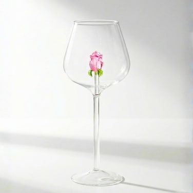 1CHASE Borosilicate Pink Champagne Glass with Rose Inside, 650ML Creative Wine Glass, Wedding Champagne Flute, Decorative Glass Cup for Parties, Dinners &amp; Special Occasions