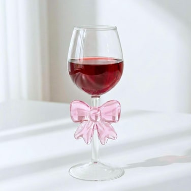1CHASE Borosilicate Goblet Wine Glass with Pink Bow, 350ML Elegant Decorative Wine Glass, Heat Resistant Glassware for Red &amp; White Wine, Parties &amp; Gifting (1 Piece)