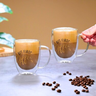 1CHASE Borosilicate But First Coffee Printed Double Wall Glass with Handle 350 ML (Set of 2)