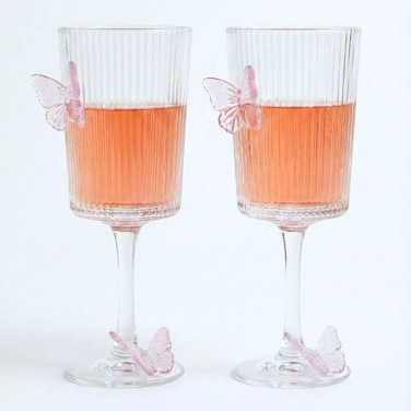 1CHASE Ribbed Glass with Butterfly Design, Decorative Wine Glasses, Set of 2, Elegant Stemmed Drinking Glasses for Wine, Cocktails, Parties
