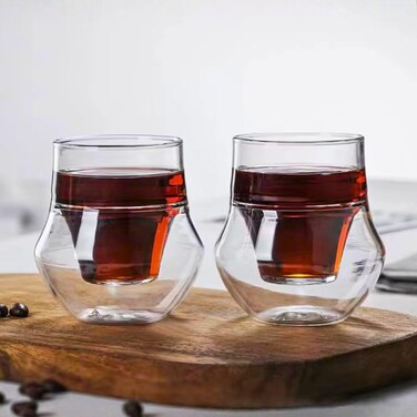 1CHASE Double Wall Insulated Coffee Glass Cup Set, 100ml, Borosilicate Heat Resistant, Modern Curved Design for Hot and Cold Beverages, 2 Piece
