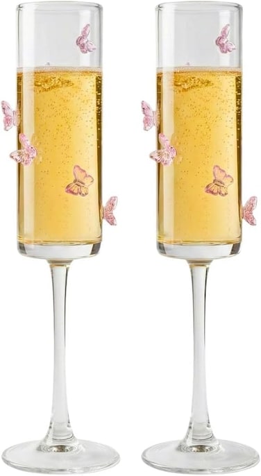 1CHASE Champagne Flute Glasses with Butterfly Design, 180ML Elegant Stemware Set of 2, Clear Glass Sparkling Wine &amp; Prosecco Glasses for Celebrations