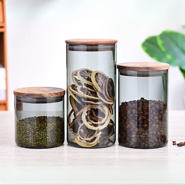 1CHASE Borosilicate Glass Storage Jar Smoky Grey - (Set of 3)   Airtight Food Container with Acacia Wooden Lid   Durable &amp; Stylish Kitchen Storage 600ML, 900ML, 1300ML