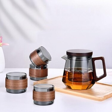 1CHASE Glass Tea Set &ndash; 500ml Smoky Grey Teapot with Walnut Handle &amp; Lid + 4pcs 130ml Cups, Heat-Resistant Tea Pot and Cup Set for Home &amp; Office