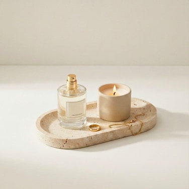 1CHASE Natural Travertine Oval Marble Tray &ndash; Beige Stone Vanity Tray for Jewellery, Perfume &amp; Makeup, Decorative Organizer for Coffee Table, Bathroom Counter &amp; Home D&eacute;cor