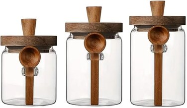1CHASE Glass Storage Jar with Acacia Wooden Lid &amp; Spoon &ndash; Airtight Food Container for Coffee, Tea, Sugar, Spices &amp; Dry Foods &ndash; 400ml / 600ml / 800ml Kitchen Canister