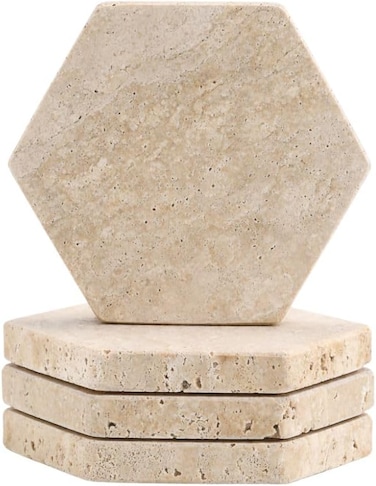 1CHASE Travertine Coasters Set of 4, Natural Marble Hexagon Drink Coasters, Absorbent Stone for Coffee Table, Dining Table &amp; Home D&eacute;cor