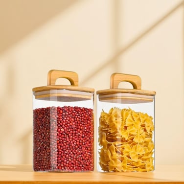 1CHASE Square Glass Storage Jars with Acacia Wood Lids &ndash; Set of 2 (1100ml) Airtight Food Storage Containers with Handles for Pantry, Pasta, Oats, Flour, Cookies, Coffee, Rice &amp; More