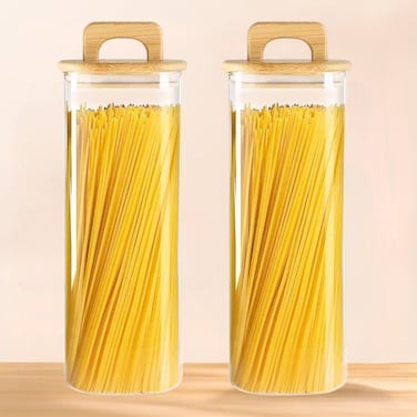 1CHASE Square Glass Storage Jars with Acacia Wood Lids &ndash; Set of 2 (1500ml) Airtight Pantry Containers with Handle Lids for Pasta, Oats, Flour, Cookies, Coffee, Rice &amp; More