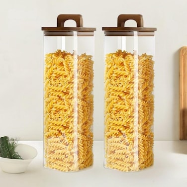1CHASE Square Glass Storage Jars with Acacia Wood Lids &ndash; Set of 2 (1800ml) Large Pantry Containers with Handle Lids for Pasta, Oats, Flour, Cookies, Coffee, Rice &amp; More
