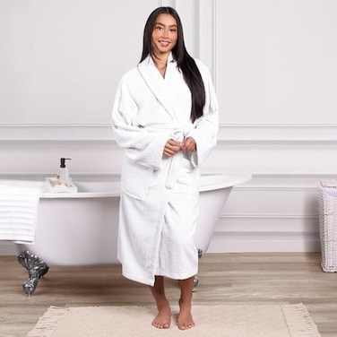 1CHASE Luxury Cotton Bathrobe Ultra Soft, 100% Cotton Shawl Collar Robe for Men &amp; Women, Hotel &amp; Home Comfort (UAE/KSA, Alpha, L, XL, Regular, Regular, WHITE)