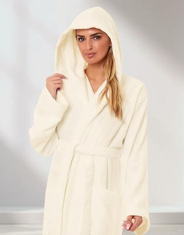 1CHASE Unisex Hooded Bathrobe Vanilla (S/M) &ndash; Premium Cotton, Plush And Absorbent Robe for Adults, Off-White Spa And Hotel Style