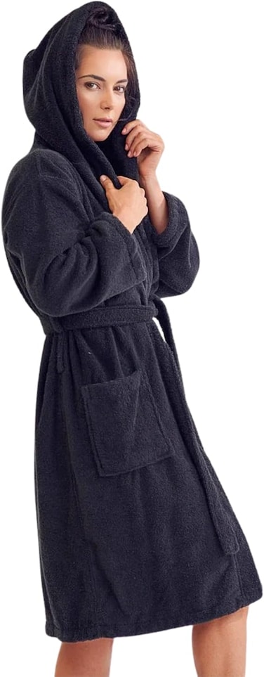 1CHASE Unisex Hooded Bathrobe Black (S/M) &ndash; Premium Cotton, Plush And Absorbent Robe for Adults, Black Spa And Hotel Style