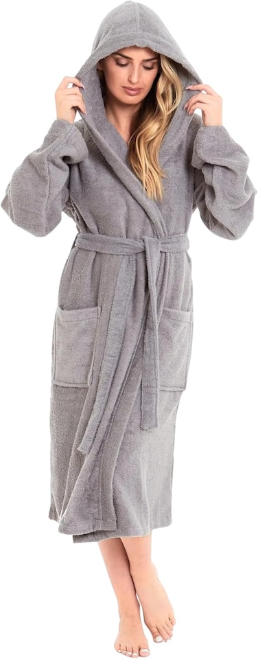 1CHASE Unisex Hooded Bathrobe Grey (L/XL) &ndash; Premium Cotton, Plush And Absorbent Robe for Adults, Spa And Hotel Style