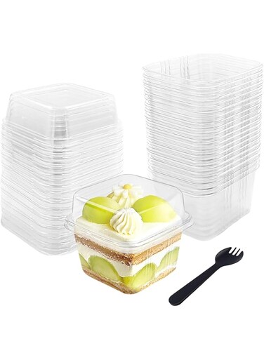 YHRY 50 Pcs 8OZ Plastic Dessert Cups with Lids and Spoons,Square Parfait Cups,Disposable Ice Cream Containers for Cupcake,Pudding,Snacks,Yogurt,ParfaitFruits,Mousse