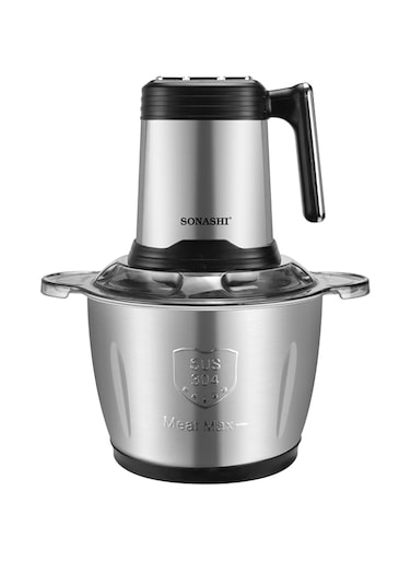 Sonashi Multi-Chopper with Powerful Motor with Capacity 3L   Mincer-Grinder Function, Stainless Steel Body with Handle and Cutter Pole   Sharp Blade for Effective Chopping 500W SMC-24S Black/Silver