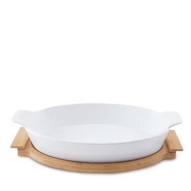 Home Natura Oval Baking Dish With Bamboo Base 800ml- White