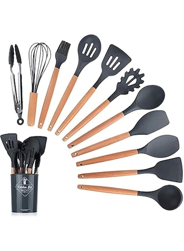 PESCADOR 12PCS Kitchen Utensil Set Silicone Cooking Utensils Kit Spatula Heat Resistant Wooden Spoons Gadgets Tool for Non-Stick Cookware (Black)